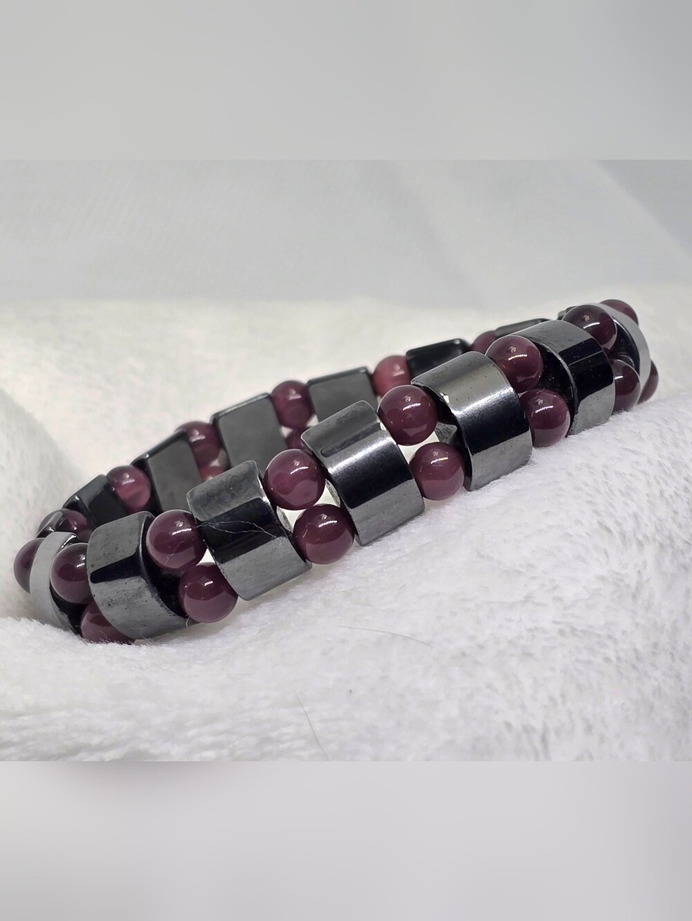 Hematite & Amethyst Beaded Stretch Magnetic Fashion Therapy Bracelet